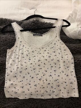 Brandy Melville White Tank Top with Blue Floral Print and Lace Trim
